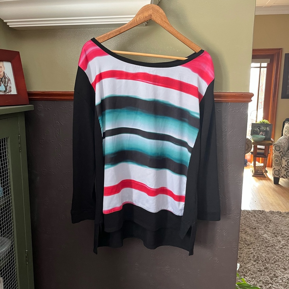 Addition Elle Size X, 3/4 length sleeve black top, stripes to front, see note